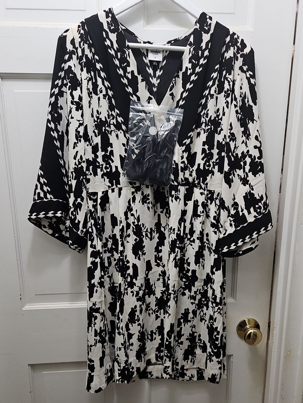 CAbi Black and White Printed V-Neck Midi Dress